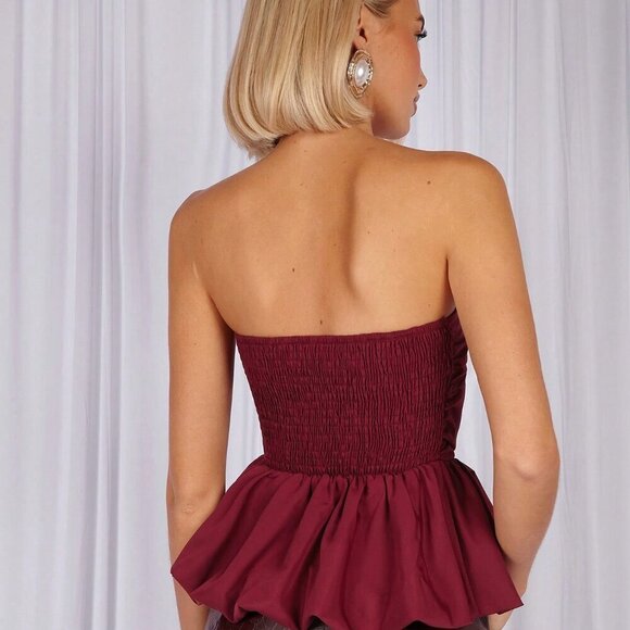 Burgundy Casual Womens tube top ruffled hem Top - Picture 2 of 7